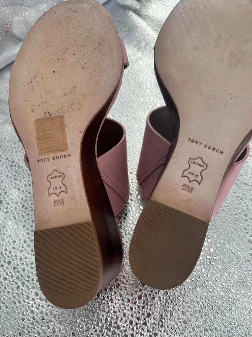 Tory Burch Pink Leather Gold Logo Block Heel Mules Size 5